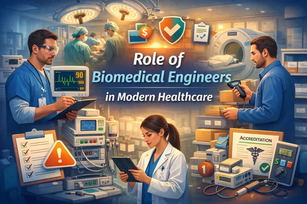 Infographic showing biomedical engineers supporting clinicians by training staff, troubleshooting medical equipment, investigating incidents, and assisting in advanced hospital procedures