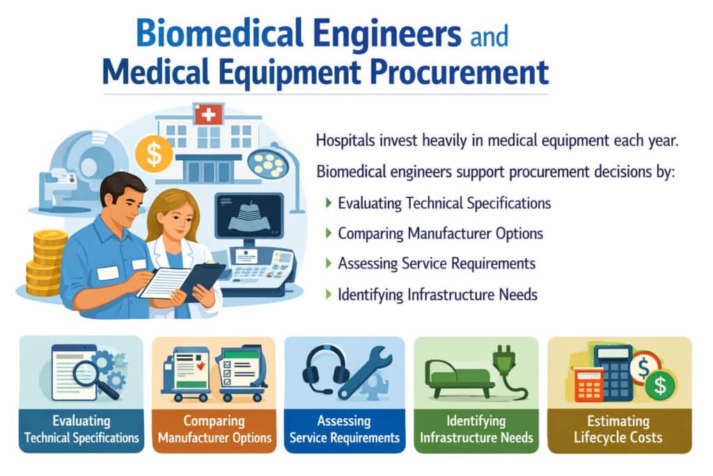 Infographic showing biomedical engineers supporting hospital procurement by evaluating specifications, comparing manufacturers, assessing service needs, identifying infrastructure requirements, and estimating lifecycle
