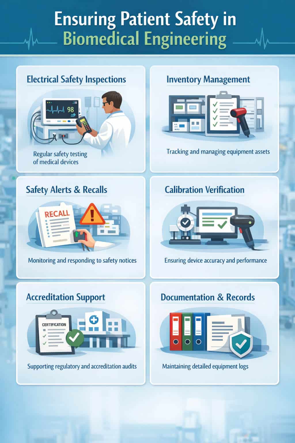 Infographic showing biomedical engineers ensuring patient safety through electrical inspections, inventory management, calibration, safety alerts monitoring, accreditation support, and documentation