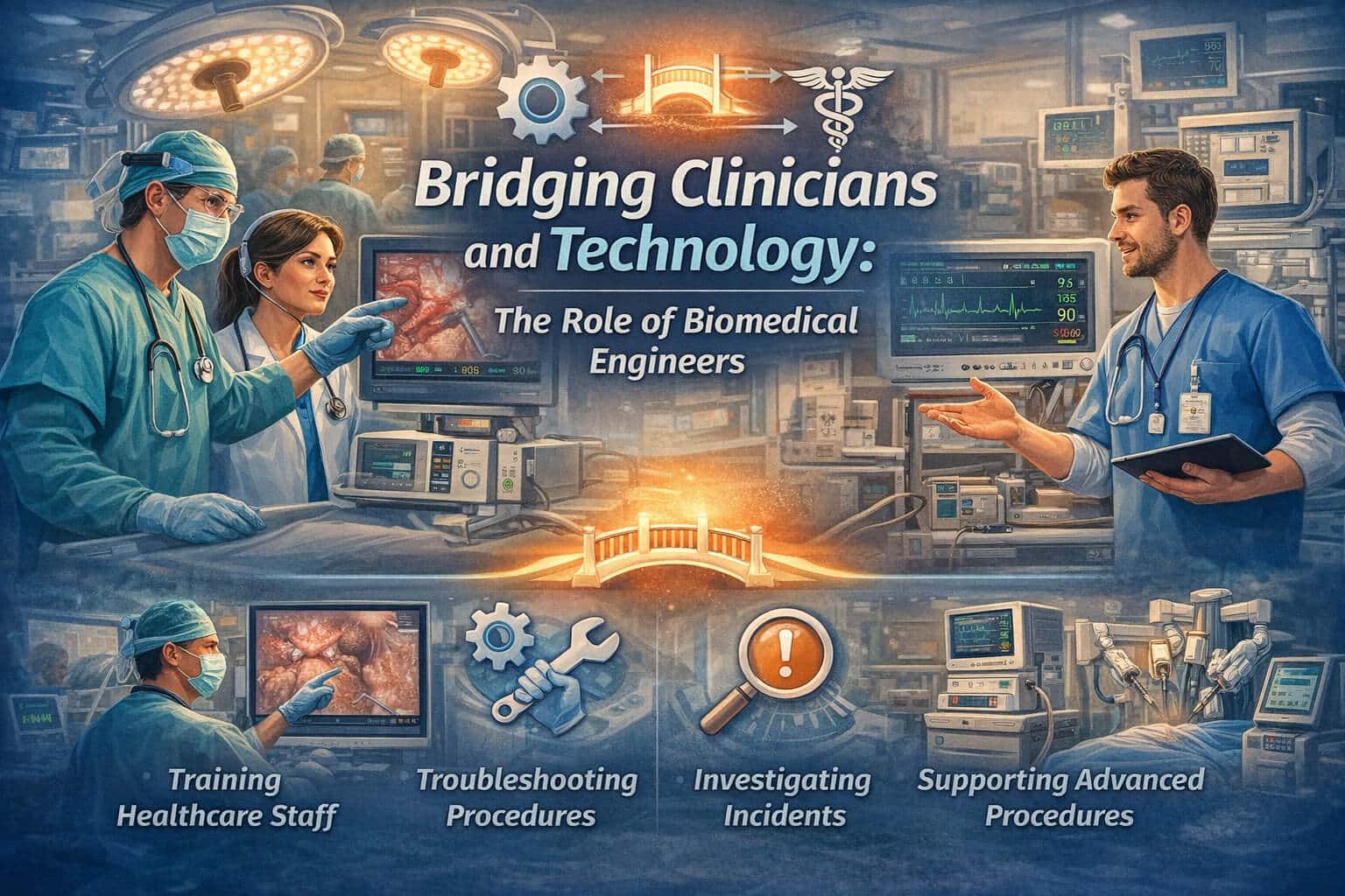 Infographic showing connected medical devices in a hospital and biomedical engineers managing cybersecurity through risk assessment, software updates, network protection, and incident response