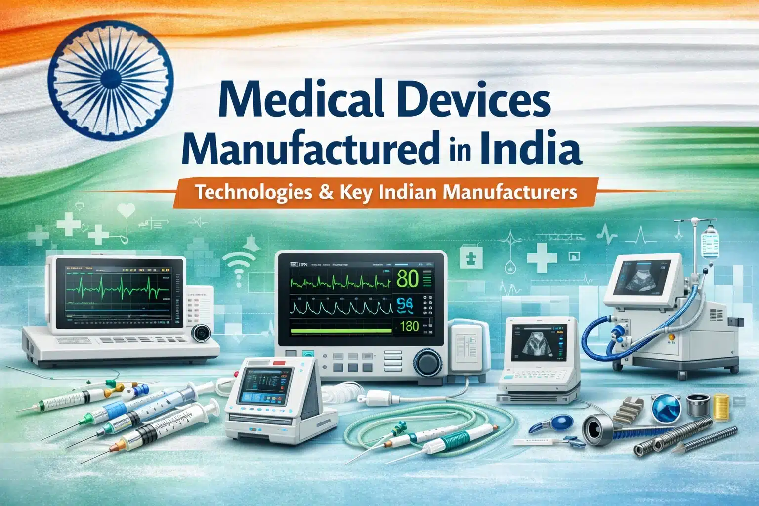 Illustration showing medical devices manufactured in India including ECG machines, patient monitors, ventilators, infusion pumps, syringes, and orthopedic implants.