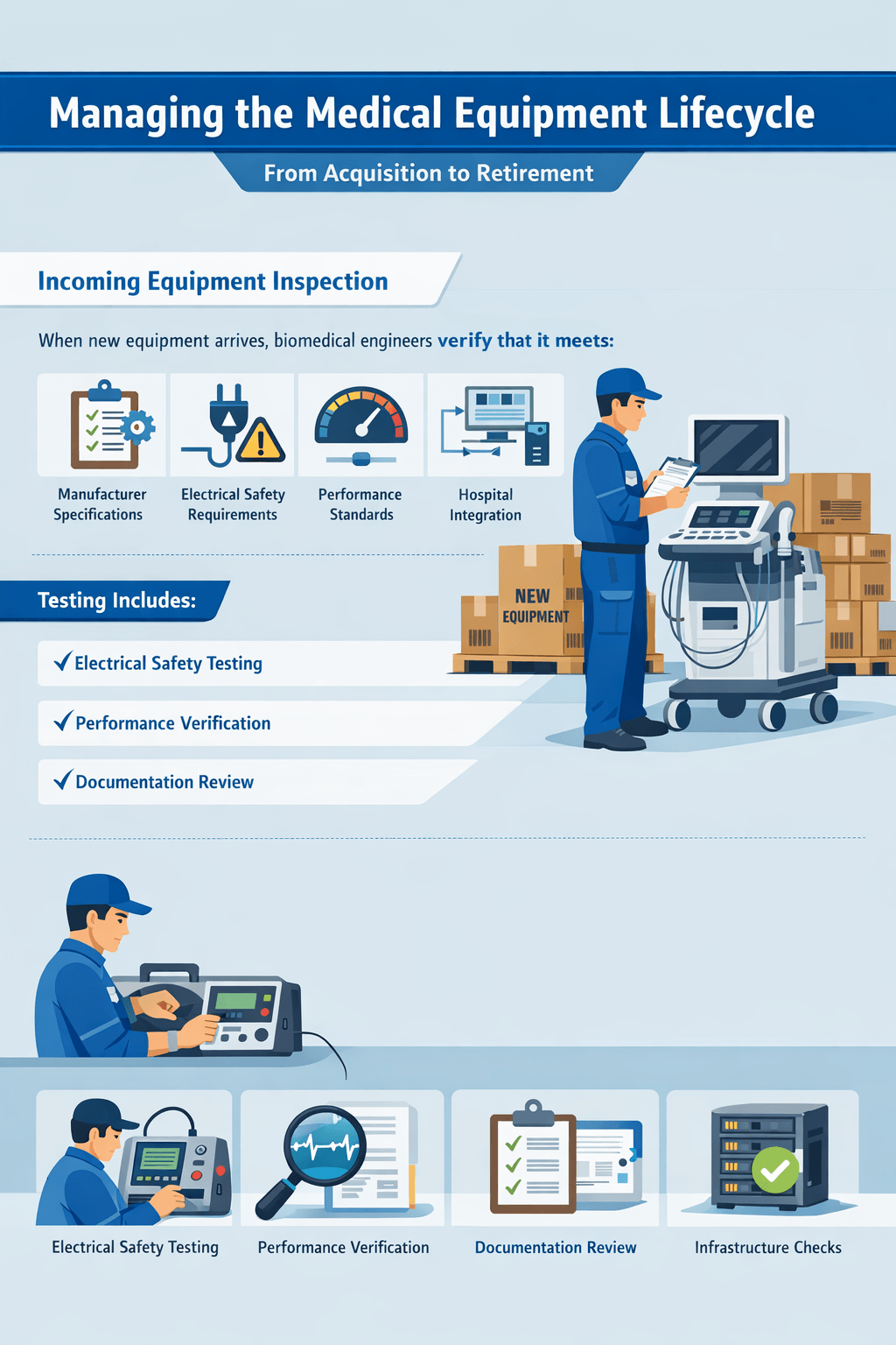 Infographic showing biomedical engineers managing medical equipment lifecycle with incoming inspection, safety testing, performance verification, and hospital integration checks