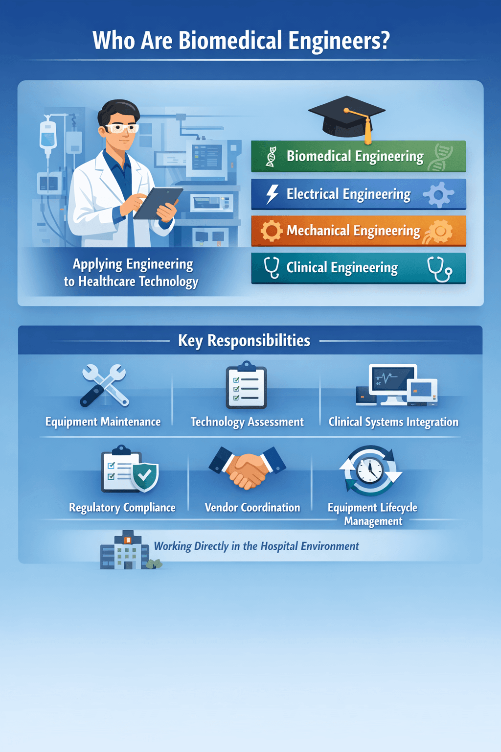 Infographic explaining who biomedical engineers are, including their educational backgrounds and key responsibilities in hospital equipment management and clinical support