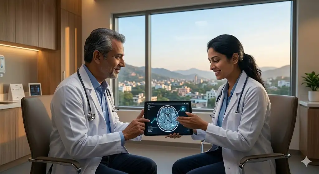 Doctors reviewing AI-assisted MRI brain scan on tablet for clinical decision making in Indian hospital
