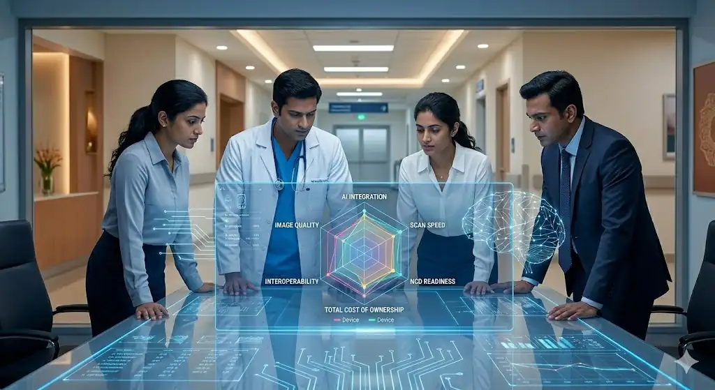 Hospital team evaluating AI-enabled MRI system using data-driven metrics for procurement decision in Indian healthcare
