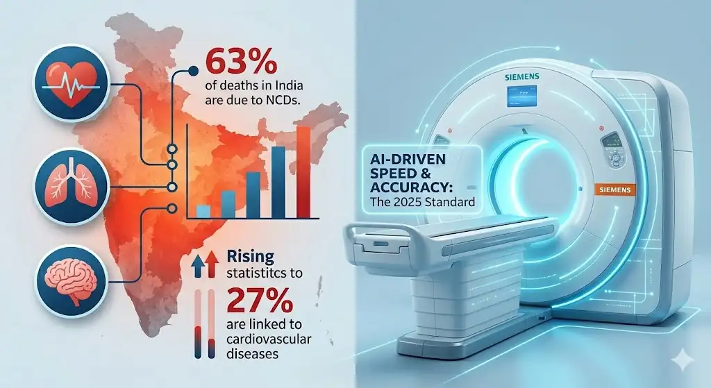 AI-driven MRI in India with healthcare statistics showing rise of non-communicable diseases and impact on hospital diagnostics and procurement