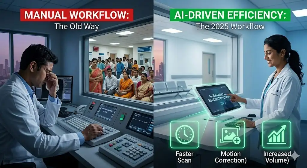 Comparison of manual vs AI-driven MRI workflow in Indian hospitals showing improved efficiency, faster scans and increased diagnostic productivity