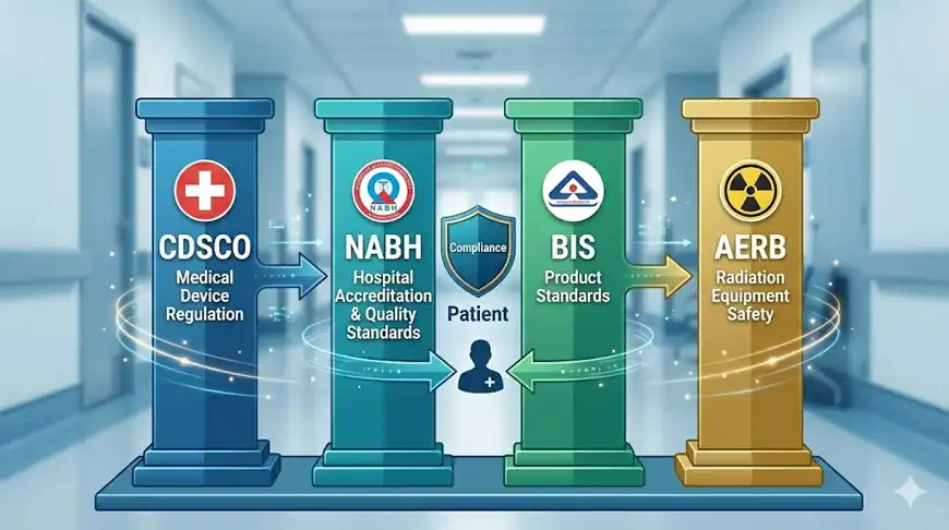 Healthcare compliance framework in India showing CDSCO, NABH, BIS and AERB regulations aligned for patient safety