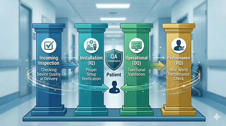 IQ OQ PQ validation process for medical devices showing inspection, installation, operational and performance checks for patient safety