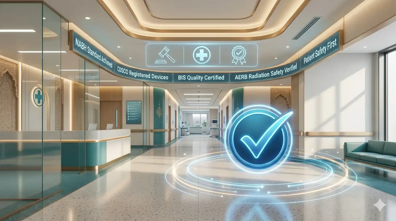 Modern hospital corridor showcasing NABH, CDSCO, BIS certification and AERB radiation safety compliance in India