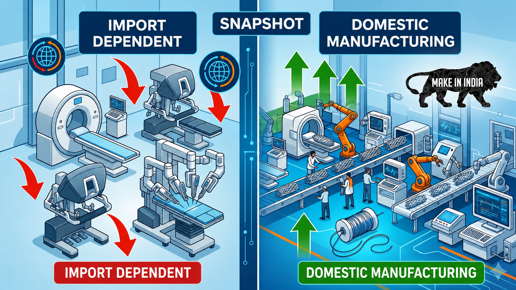 Infographic comparing India’s import dependency and domestic manufacturing capabilities in the medical device industry