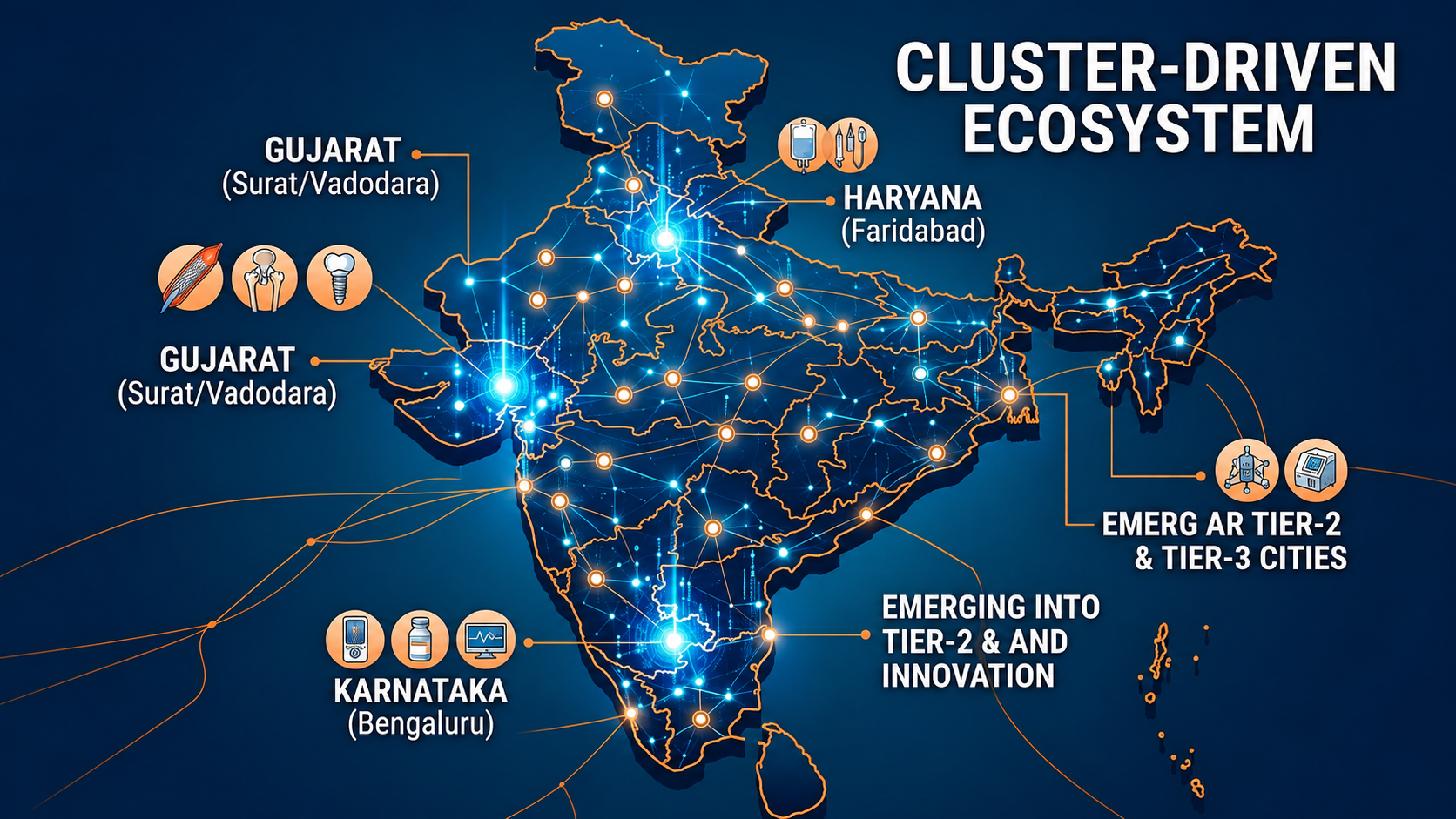 Map of India highlighting major medical device manufacturing clusters and emerging medtech ecosystems across key states