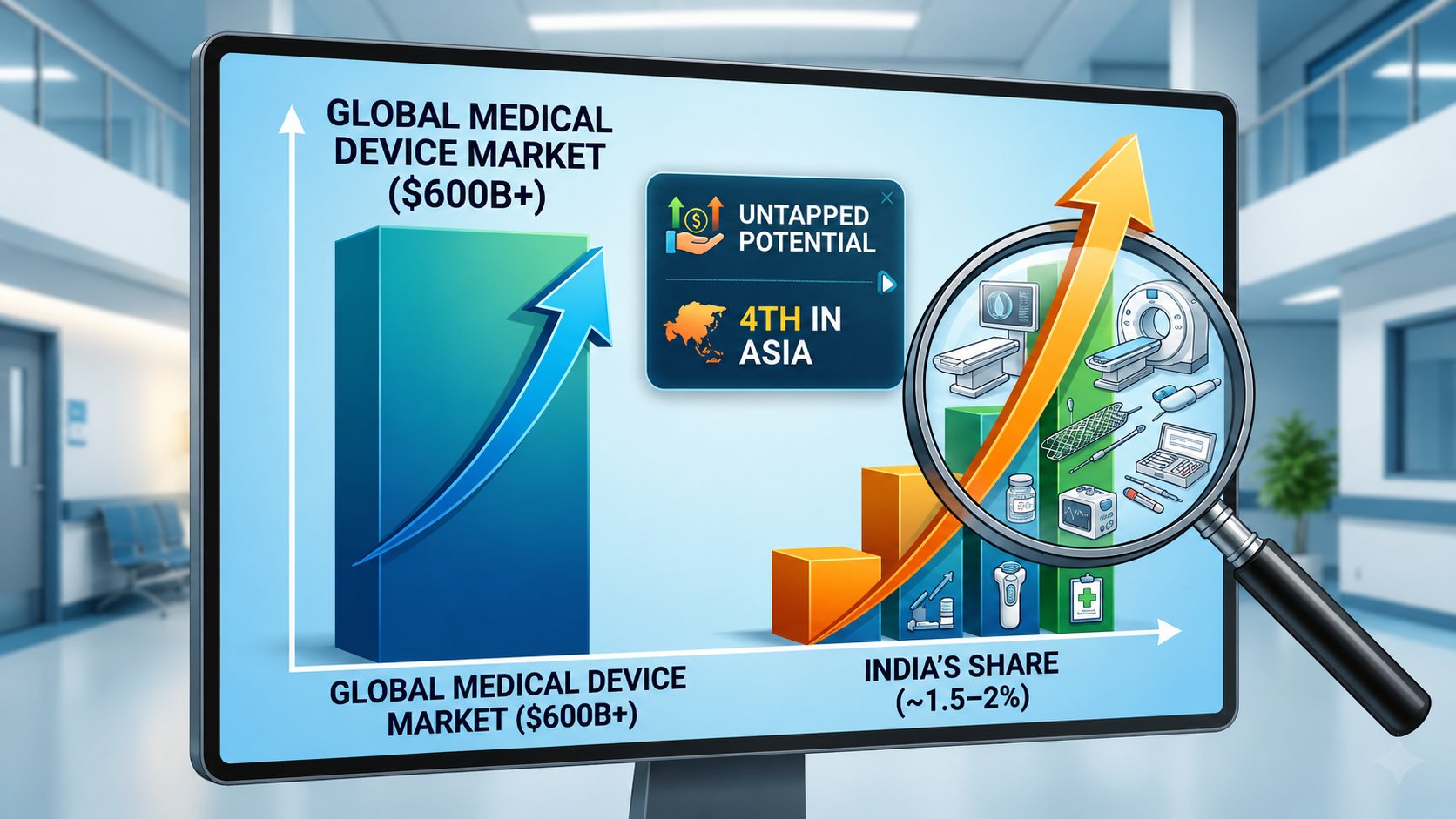 Infographic showing global medical device market growth and India’s emerging opportunity in the medtech industry