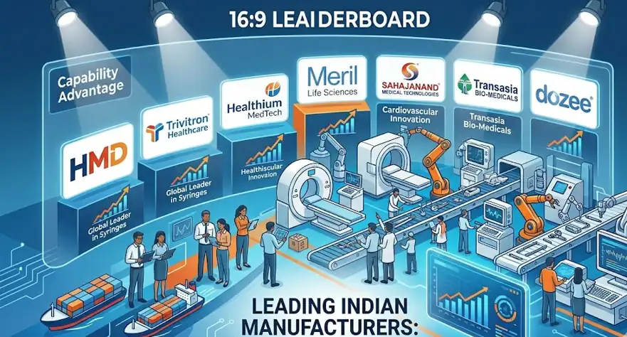 Infographic showcasing leading Indian medical device manufacturers and their capability advantages across diagnostics, cardiovascular and medtech innovation