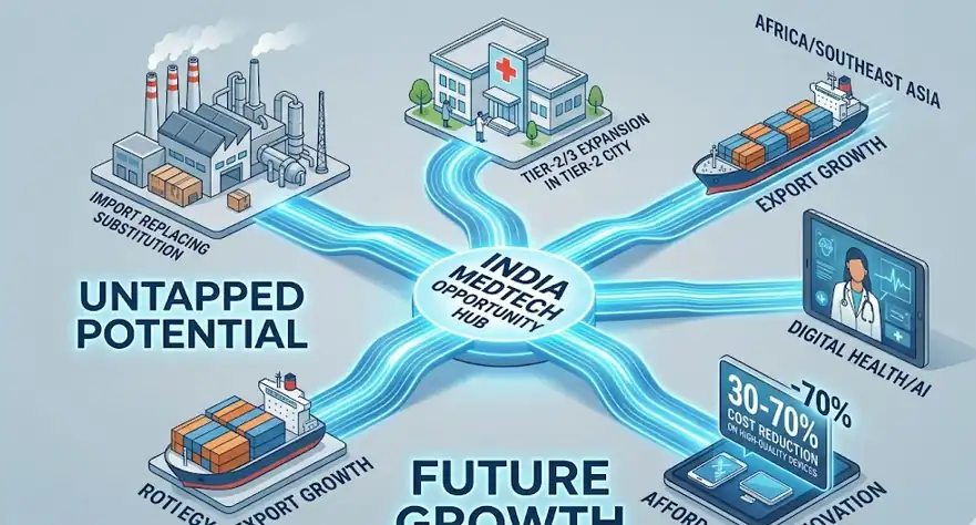 Infographic highlighting future opportunities for India’s medical device industry including exports, digital health, innovation and domestic manufacturing growth
